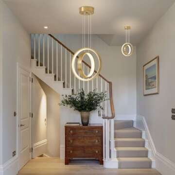 Vaziden Modern LED Chandelier Dimmable 2 Ring Gold Pendant Light Acrylic 34W 4000K Height-Adjustable Modern Chandelier for Dining Room Living Room Bedroom Kitchen Island Foyer Stairway