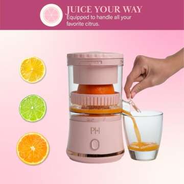 Paris Hilton Electric Citrus Juicer, Mini Portable Cordless Juicer with USB Rechargeable Base, One-T...
