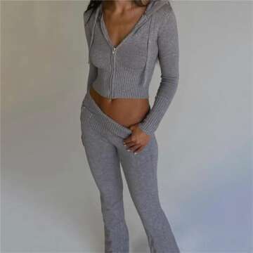 Women's Ribbed Knit 2Pcs Outfits Long Sleeve Zip Up Hooded Sweater Top Flare Skinny Pants Set Y2K Loungewear Set (Grey S)