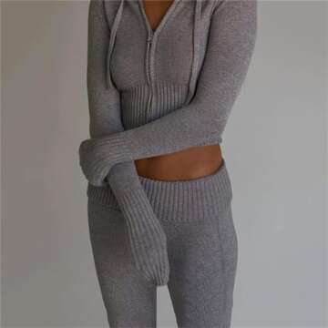 Women's Ribbed Knit 2Pcs Outfits Long Sleeve Zip Up Hooded Sweater Top Flare Skinny Pants Set Y2K Loungewear Set (Grey S)