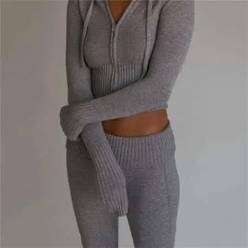 Women's Ribbed Knit 2Pcs Outfits Long Sleeve Zip Up Hooded Sweater Top Flare Skinny Pants Set Y2K Loungewear Set (Grey S)