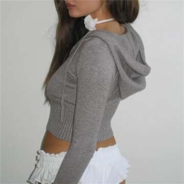 Women's Ribbed Knit 2Pcs Outfits Long Sleeve Zip Up Hooded Sweater Top Flare Skinny Pants Set Y2K Loungewear Set (Grey S)