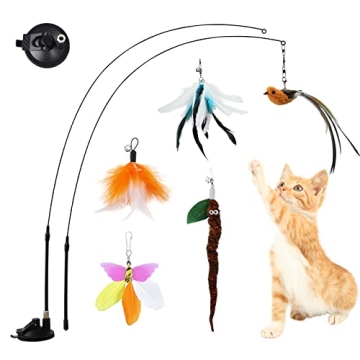 Jetczo Cat Feather Toys, Interactive Cat Toy with Super Suction Cup Detachable 5 PCS Feather Replace...