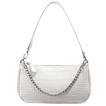 Loiral Shoulder Bags for Women, Retro Classic Tote HandBag Crocodile Pattern Clutch Mini Purse with Zipper Closure, White