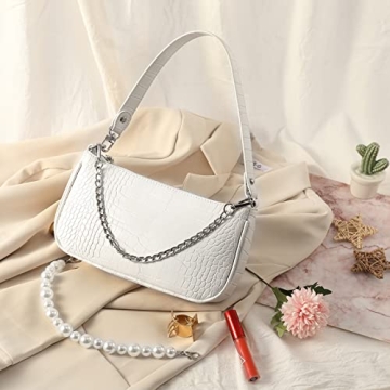 Loiral Shoulder Bags for Women, Retro Classic Tote HandBag Crocodile Pattern Clutch Mini Purse with Zipper Closure, White