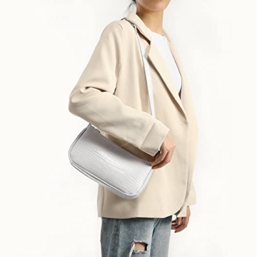 Loiral Shoulder Bags for Women, Retro Classic Tote HandBag Crocodile Pattern Clutch Mini Purse with Zipper Closure, White