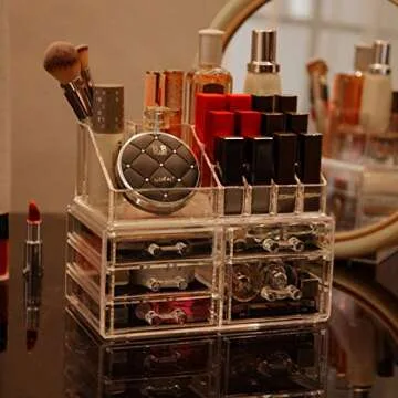 Cq acrylic 2 Pack Clear Makeup Storage Organizer,Stackable 5 Drawers Make up Organizers,Cute Desk Organizer for Vanity Jewelry,Hair Clip,Beauty,Skincare Product Bathroom Counter Organizers and Storage