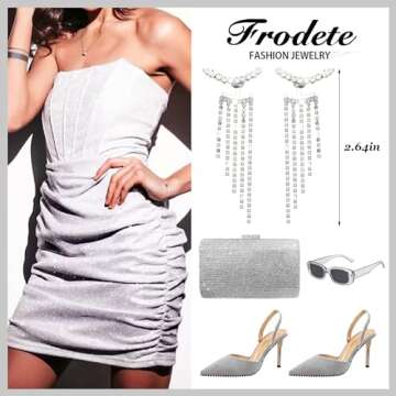 Sparkly Silver Rhinestone Tassel Earrings for Women