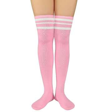 Zando Women Casual Thigh High Socks Over the Knee Socks Striped Knee High Socks Cosplay Socks Leg Warmers Fashion Long Tube Socks Thigh High Stockings for Women 1 Pair Pink White One Size