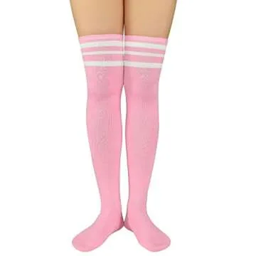 Zando Women Casual Thigh High Socks Over the Knee Socks Striped Knee High Socks Cosplay Socks Leg Warmers Fashion Long Tube Socks Thigh High Stockings for Women 1 Pair Pink White One Size