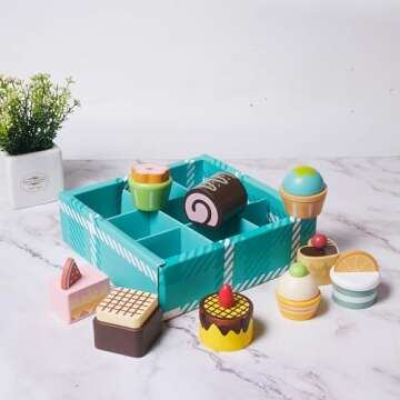 MONT PLEASANT 10pcs Wooden Dessert Set Toddler Pretend Play Toy Food, Sweets Playset with Muffin, Cupcake, Chocolate Cake & Roll, Kids Food Toys Play Kitchen Accessories Boys and Girls Birthday Gift