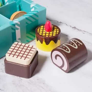 MONT PLEASANT 10pcs Wooden Dessert Set Toddler Pretend Play Toy Food, Sweets Playset with Muffin, Cupcake, Chocolate Cake & Roll, Kids Food Toys Play Kitchen Accessories Boys and Girls Birthday Gift