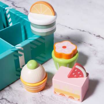 MONT PLEASANT 10pcs Wooden Dessert Set Toddler Pretend Play Toy Food, Sweets Playset with Muffin, Cupcake, Chocolate Cake & Roll, Kids Food Toys Play Kitchen Accessories Boys and Girls Birthday Gift