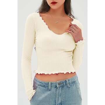 CHYRII Womens Fashion Fall Long Sleeve Tops Ruffled Low Cut Basic Layering Tee Shirts Crop Tops Beige XS