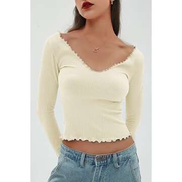 CHYRII Womens Fashion Fall Long Sleeve Tops Ruffled Low Cut Basic Layering Tee Shirts Crop Tops Beige XS