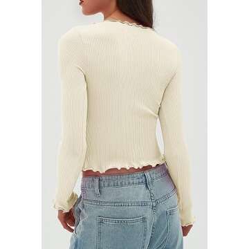 CHYRII Womens Fashion Fall Long Sleeve Tops Ruffled Low Cut Basic Layering Tee Shirts Crop Tops Beige XS