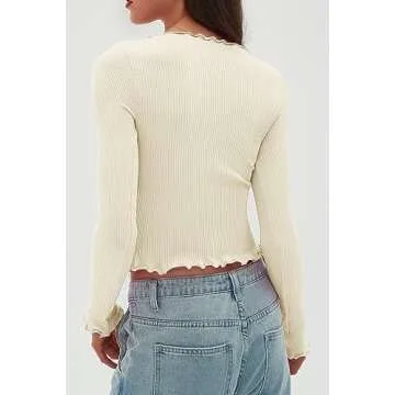 CHYRII Womens Fashion Fall Long Sleeve Tops Ruffled Low Cut Basic Layering Tee Shirts Crop Tops Beige XS