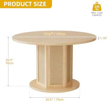 DWVO Round Dining Table for 4-6 People, 47 Inch Farmhouse Kitchen Table with Rattan Circular Base, W...