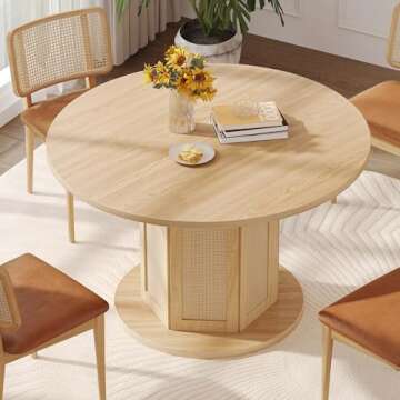DWVO Round Dining Table for 4-6 People, 47 Inch Farmhouse Kitchen Table with Rattan Circular Base, Wooden Dinner Table for Dining Room Family Gathering, Oak