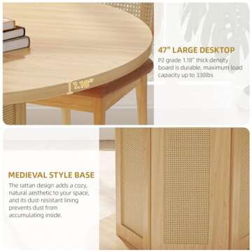 DWVO Round Dining Table for 4-6 People, 47 Inch Farmhouse Kitchen Table with Rattan Circular Base, Wooden Dinner Table for Dining Room Family Gathering, Oak