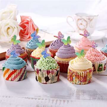 Newmemo 12pcs Gradient Sequins Cake Toppers, Rose Gold Confetti Balloon Cake Supplies, Glitter Cupcake Toppers Picks, Butterfly Decorations for Birthday Wedding Fairy Party