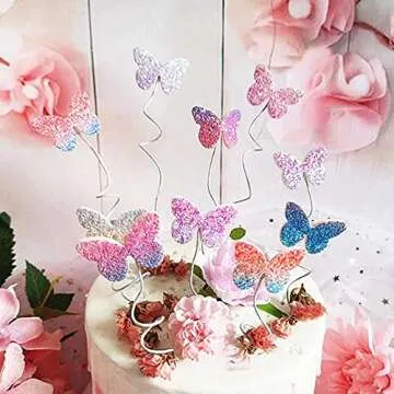 Newmemo 12pcs Gradient Sequins Cake Toppers, Rose Gold Confetti Balloon Cake Supplies, Glitter Cupcake Toppers Picks, Butterfly Decorations for Birthday Wedding Fairy Party