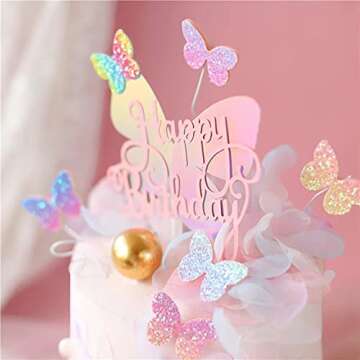 Newmemo 12pcs Gradient Sequins Cake Toppers, Rose Gold Confetti Balloon Cake Supplies, Glitter Cupcake Toppers Picks, Butterfly Decorations for Birthday Wedding Fairy Party