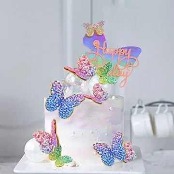 Newmemo 12pcs Gradient Sequins Cake Toppers, Rose Gold Confetti Balloon Cake Supplies, Glitter Cupcake Toppers Picks, Butterfly Decorations for Birthday Wedding Fairy Party