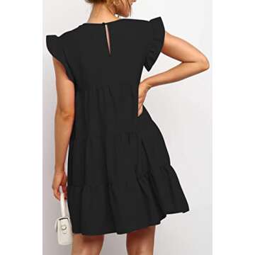 IHOT Babydoll Dress for Women Ruffle Sleeveless Crew Neck Flowy Pleated Mini Short Tiered Summer Casual Beach Vacation Tunic Dresses with Pocket Black Small