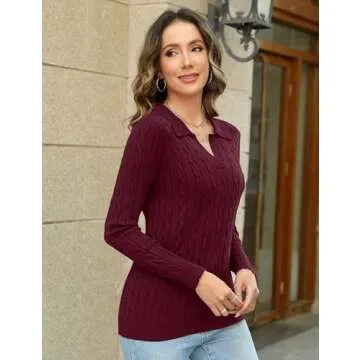 Micoson Women's Cable Long Sleeve Sweaters Fall Lapel Collar V Neck Knitted Pullover Casual Soft Jumper Top (Wine Red,S)