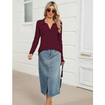 Micoson Women's Cable Long Sleeve Sweaters Fall Lapel Collar V Neck Knitted Pullover Casual Soft Jumper Top (Wine Red,S)