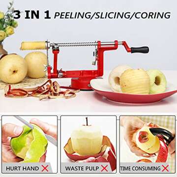 HOTIME Apple Peeler,3 In 1 Apple Slicer Corer Potato Peeler Stainless Steel Blades Suction Base Heavy Duty Handheld Peeler Fruit/Vegetable Peeler Slicer Corer Kitchen Tools for Apple Pie Salad,Red