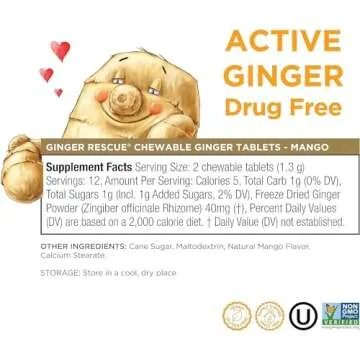 The Ginger People Ginger Rescue® Chewable Tablets Drug Free Digestive Health, 5.5 oz Chewable Tablets, Mighty Mango Flavor, Kid Friendly, 0.55 Oz, 24 Count (Pack of 1)