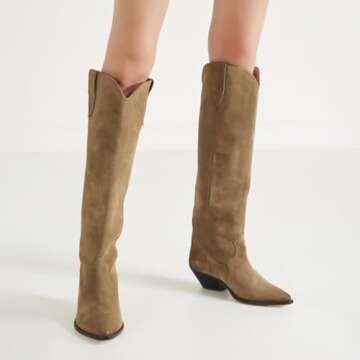 XBKXMK Suede Knee High Boots for Women Pointed Toe Cowboy Boots Chunky Low Heels Tall Long Boots Dressy Pull on Wide Calf Fashion Casual