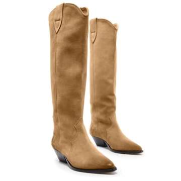 XBKXMK Suede Knee High Boots for Women Pointed Toe Cowboy Boots Chunky Low Heels Tall Long Boots Dressy Pull on Wide Calf Fashion Casual