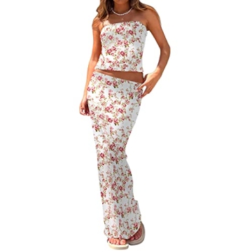 Women 2 Piece Long Skirt Set Floral Strapless Tube Top and Bodycon Maxi Skirts Summer Vintage Street...