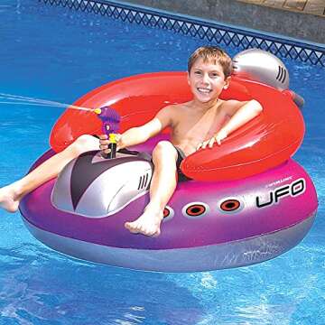 SWIMLINE ORIGINAL Inflatable UFO Spaceship Pool Float Ride On With Fun Constant Flow Laser Ray Gun Water Squirter For Kids | Cool Retro Style | For Beach Ocean Pool Lake | Extra Thick Large Floatie
