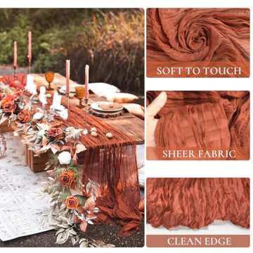 3 Pieces Terracotta Cheesecloth Table Runners 10ft Wrinkled Gauze Table Runner Rustic Burnt Orange C...