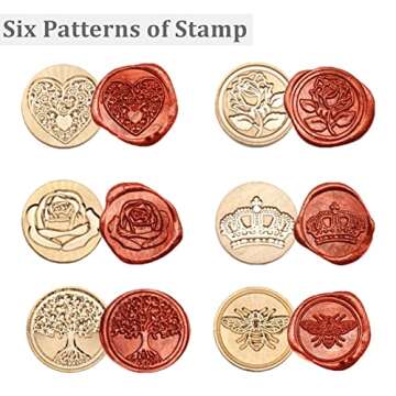 Wax Seal Stamp Set, 6 Pieces Sealing Wax Stamps Brass Heads + 1 Wooden Hilt, Vintage Seal Wax Stamp Kit with Gift Box for Xmas Invitations Envelopes Package(Tree of Life+Bee+Rose+Heart+Crown+Flower)