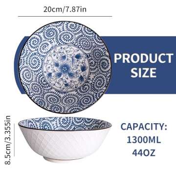 AnBnCn 40 OZ Large Ceramic Bowls Set of 4 - Blue and White Porcelain - Ideal for Pho, Ramen, Salad, ...