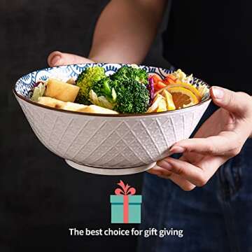 AnBnCn 40 OZ Large Ceramic Bowls Set of 4 - Blue and White Porcelain - Ideal for Pho, Ramen, Salad, Soup, Cereal and Fruit - Dishwasher & Microwave Safe(Assorted Patterns)