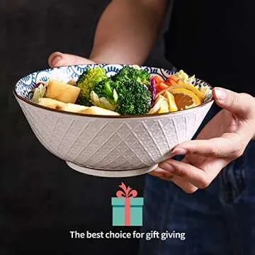 AnBnCn 40 OZ Large Ceramic Bowls Set of 4 - Blue and White Porcelain - Ideal for Pho, Ramen, Salad, Soup, Cereal and Fruit - Dishwasher & Microwave Safe(Assorted Patterns)