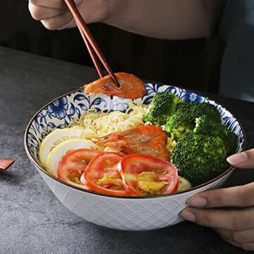 AnBnCn 40 OZ Large Ceramic Bowls Set of 4 - Blue and White Porcelain - Ideal for Pho, Ramen, Salad, Soup, Cereal and Fruit - Dishwasher & Microwave Safe(Assorted Patterns)