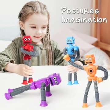 SYSAMA 4 Pcs Telescopic Suction Cup Robot Easter Toy, Coolest Pop Tubes Sensory Toys for Toddlers, Educational Fidget Toys Robot Party Favors for Anxiety Kids for 3-9 Year Old Boys Girls