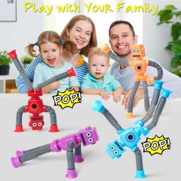 SYSAMA 4 Pcs Telescopic Suction Cup Robot Easter Toy, Coolest Pop Tubes Sensory Toys for Toddlers, Educational Fidget Toys Robot Party Favors for Anxiety Kids for 3-9 Year Old Boys Girls