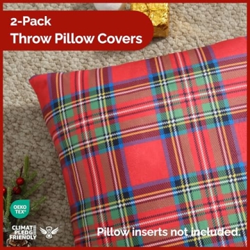 Christmas Plaid Pillowcases 18x18 - Christmas Pillow Covers Set of 2 - Xmas Couch Pillowcases for Li...