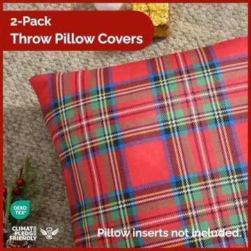 Christmas Plaid Pillowcases 18x18 - Christmas Pillow Covers Set of 2 - Xmas Couch Pillowcases for Li...