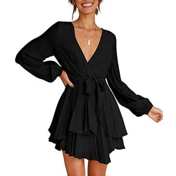 Womens Cute Mini Dress Deep V-Neck Long Sleeve Tie Waist Ruffle Short Dress Black XL