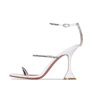keleimusi Diamante Strap Heeled Sandals for Women Ankle Strappy Flared High Heels 4 Inches in White