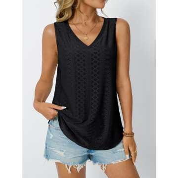AUTOMET Womens Summer Tank Top Eyelet Embroidery 2025 Vaction Sleeveless V Neck Loose Fit Shirt Spri...